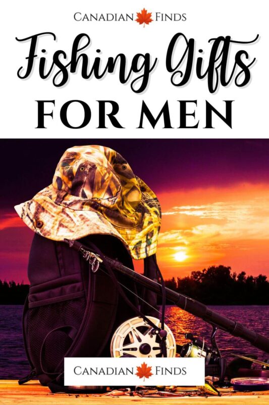 an image of fishing gear with a sunset in the background. Above the text: "fishing gifts for men" Pinterest pin